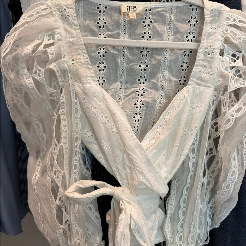 White Cotton Eyelet Wrap Blouse